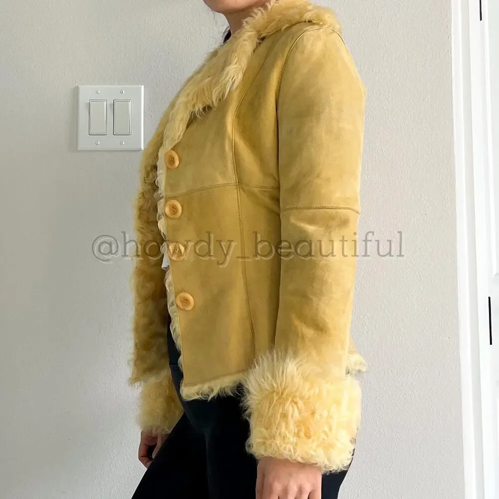 New Label SheepSkin Cream Yellow Leather Button Up shearling Jacket